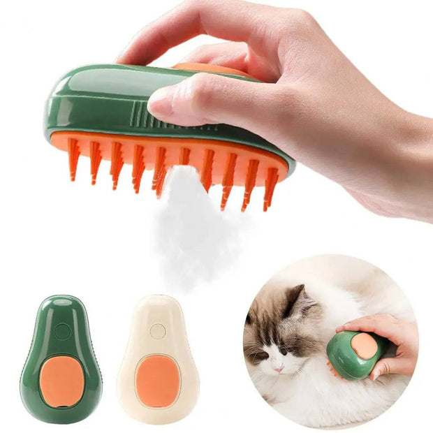 Hand using 3-in-1 steam pet groomer brush on cat, two multifunctional grooming tools shown, perfect for reducing shedding and tangles.