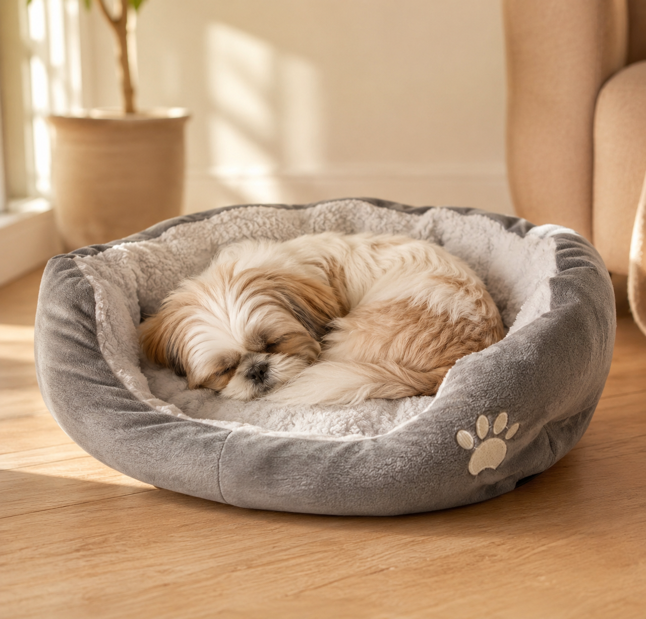 Small dog sleeping peacefully in Oalirro Self-Warming Bed