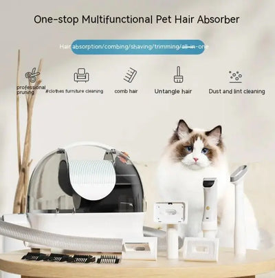 Multifunctional pet grooming vacuum with accessories for hair absorption, combing, shaving, and cleaning, displayed with a cat.