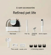 Complete pet grooming set with vacuum, flat tip, cleaning brush, electric clippers, and various comb attachments.