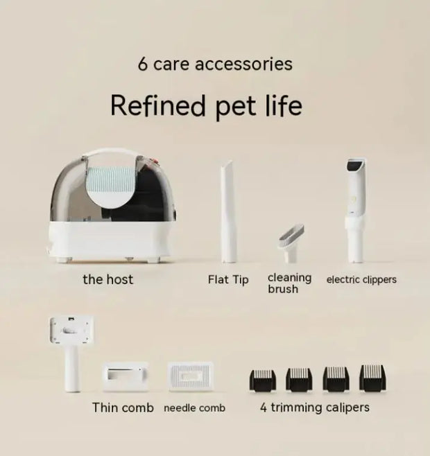 Complete pet grooming set with vacuum, flat tip, cleaning brush, electric clippers, and various comb attachments.