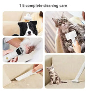 Pet grooming tools in use, showcasing vacuum cleaning, combing, and trimming on cats, dogs, and furniture.