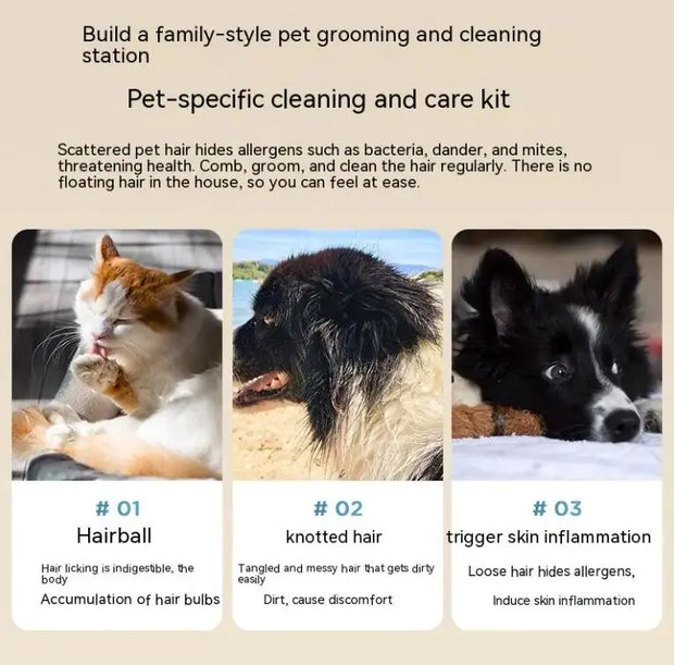 Pet-specific cleaning kit addressing hairballs, knotted hair, and skin inflammation for healthier grooming.